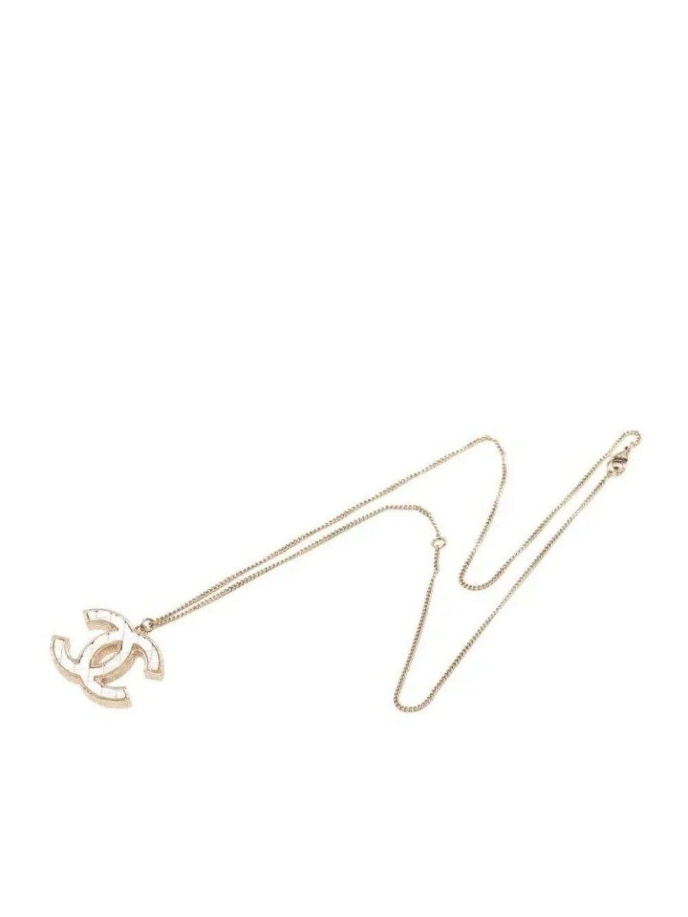 Chanel CC Logo Quilted Necklace Gold White Plated